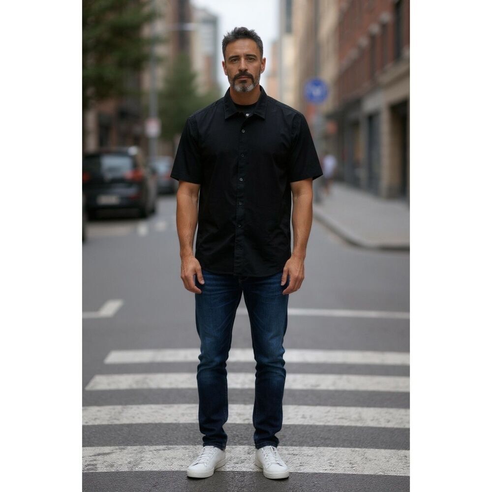 Express Men's 100% Cotton Short Sleeve Dress Shirt Black Size LG